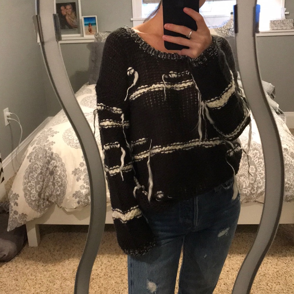 Grey knit boho fringe sweater